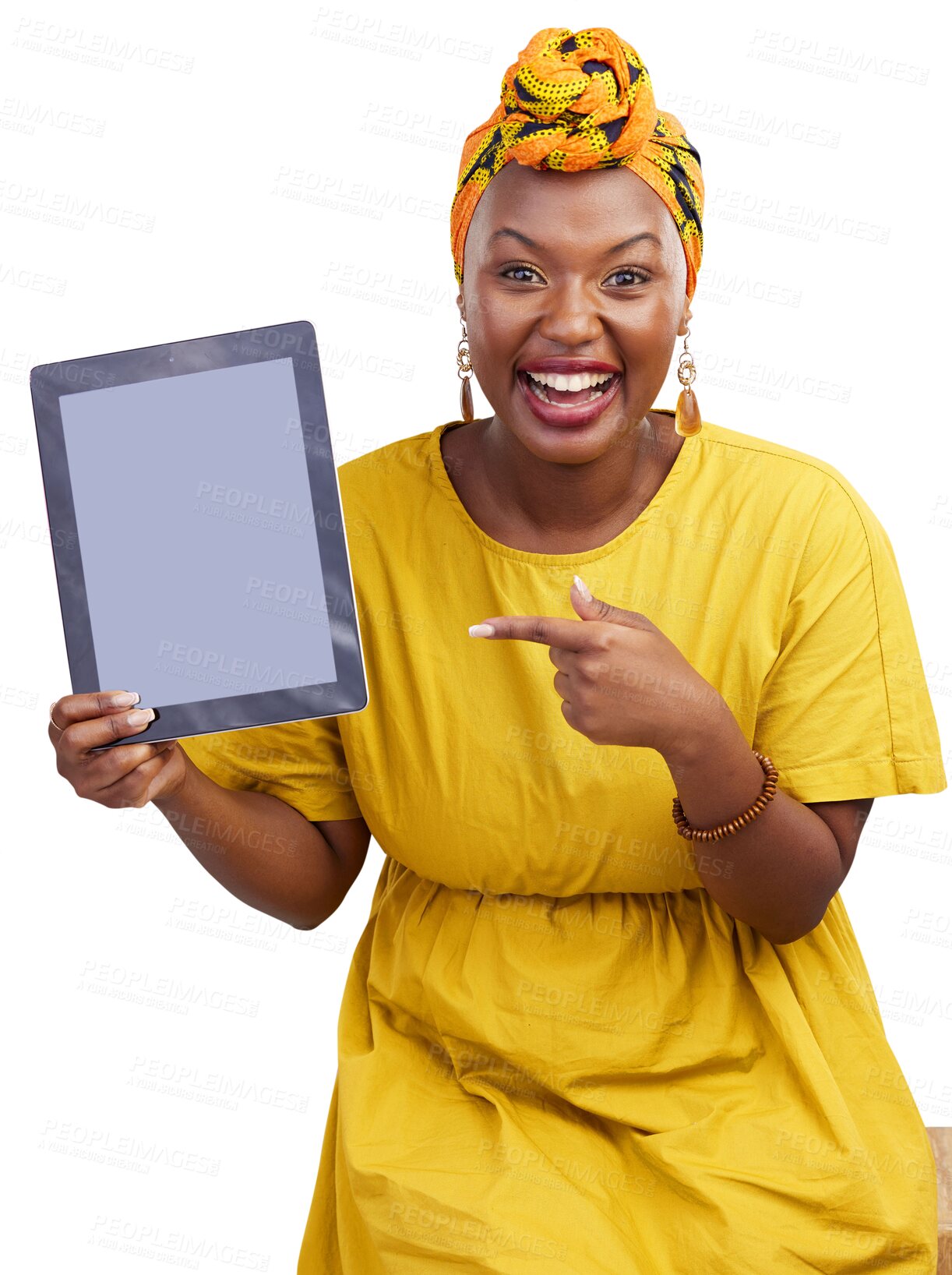 Buy stock photo Woman, portrait and blank tablet screen with for marketing and excited announcement with smile. Happy, African female person and application information isolated on a transparent, png background
