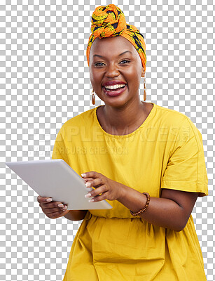 Tablet, happy and business with portrait of black woman on png for web design, creative and social media. Search, technology and online with person isolated on transparent background for networking