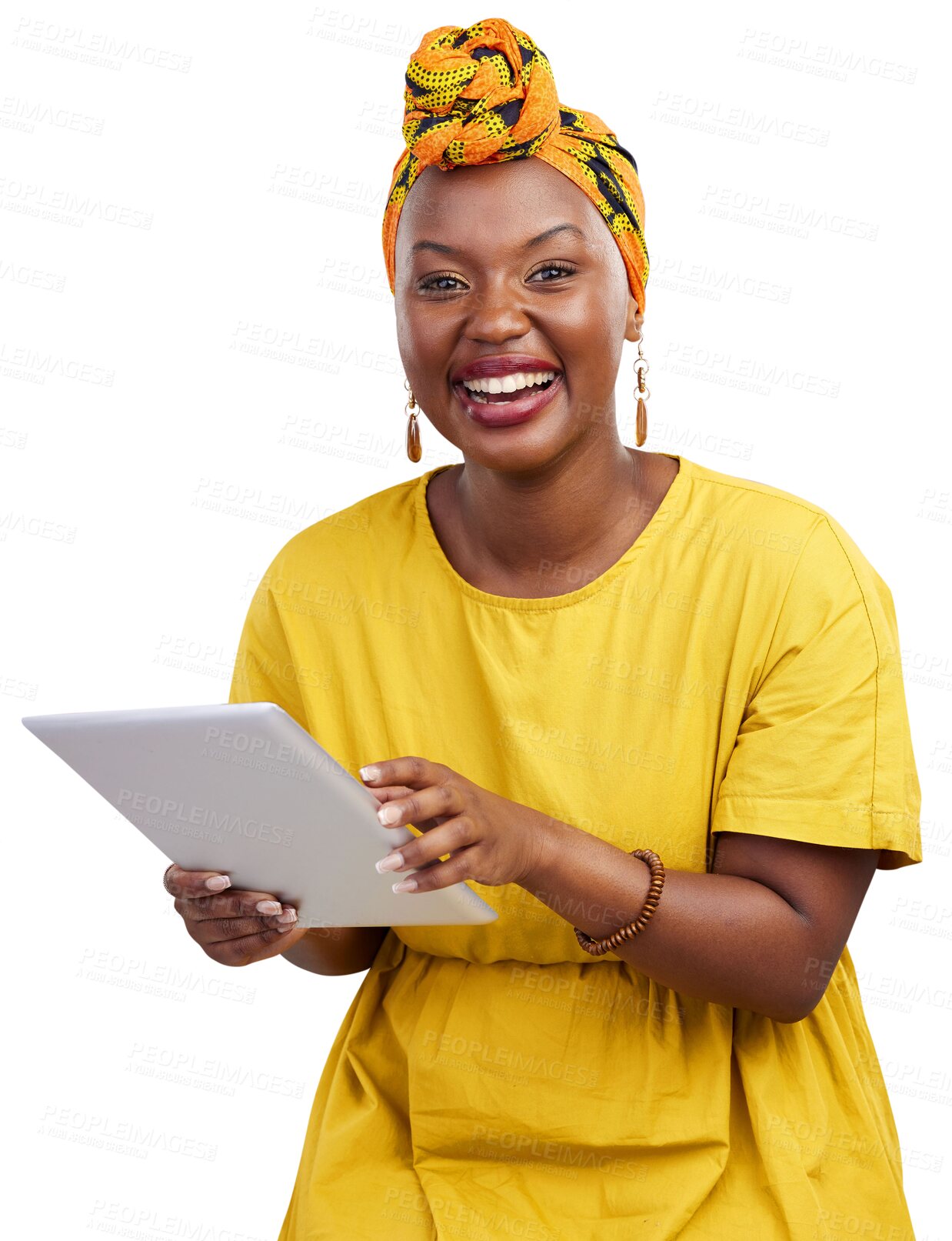 Buy stock photo Tablet, happy and business with portrait of black woman on png for web design, creative and social media. Search, technology and online with person isolated on transparent background for networking
