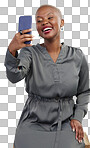 Video call, phone and happy black woman talking or calling with app or website isolated in a transparent or png background. Laughing, funny and African person speaking to contact on social media