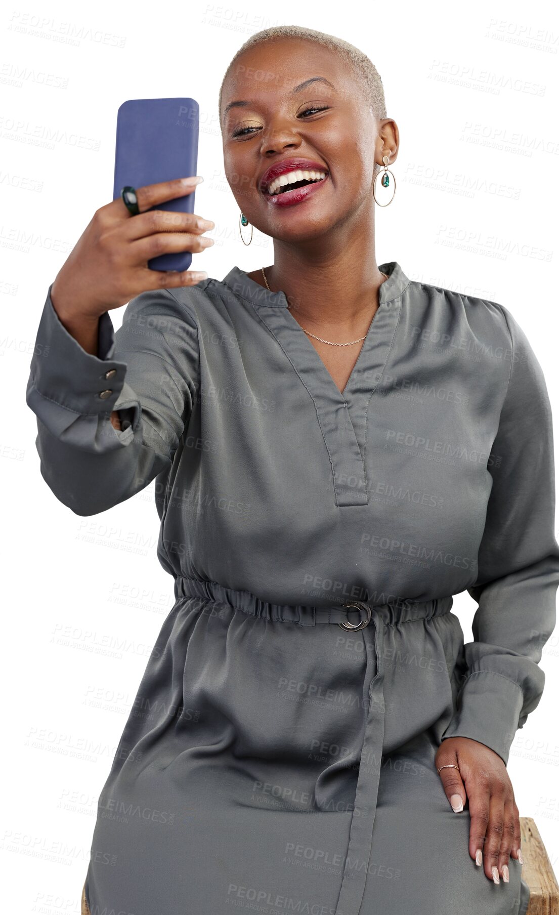 Buy stock photo Video call, phone and happy black woman talking or calling with app or website isolated in a transparent or png background. Laughing, funny and African person speaking to contact on social media