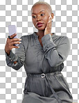Selfie, beauty makeup and black woman pose for social media, profile picture and influencer post to online app. Cosmetics, photography and African with memory picture on transparent, png background