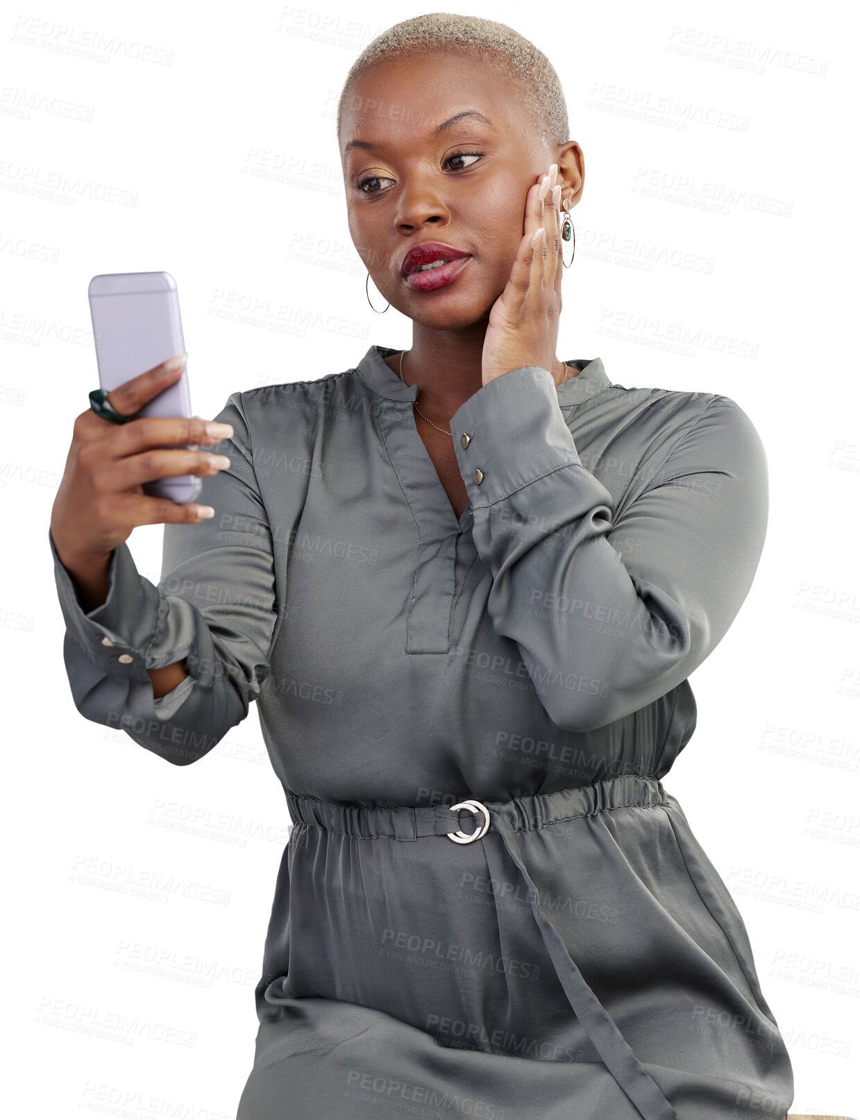 Buy stock photo Selfie, beauty makeup and black woman pose for social media, profile picture and influencer post to online app. Cosmetics, photography and African with memory picture on transparent, png background