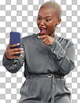 Wow, phone and surprise black woman pointing at an app or website promo isolated in a transparent or png background. Shocked, amazed and African person excited for internet deal, sale or promotion