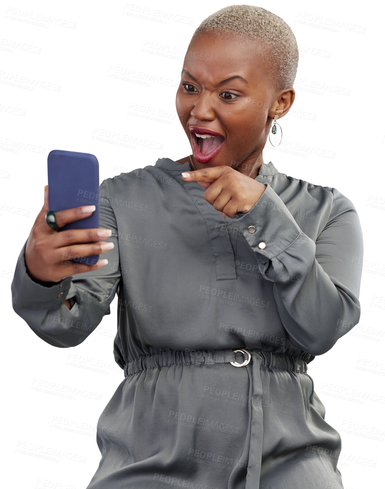 Buy stock photo Wow, phone and surprise black woman pointing at an app or website promo isolated in a transparent or png background. Shocked, amazed and African person excited for internet deal, sale or promotion