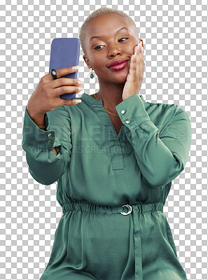 Isolated African woman, selfie and beauty with smile, thinking or cosmetic by transparent png background. Influencer girl, check skin and happy with aesthetic, pride or facial glow for social network