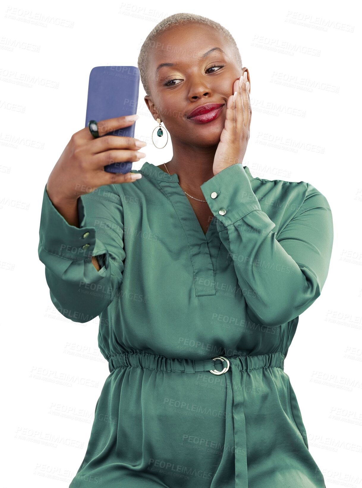 Buy stock photo Isolated African woman, selfie and beauty with smile, thinking or cosmetic by transparent png background. Influencer girl, check skin and happy with aesthetic, pride or facial glow for social network