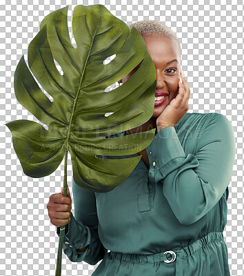 Green leaf, portrait and woman with sustainability, eco friendly and natural beauty. African female person, happy and smile with plants and monstera growth ??isolated on a transparent, png background