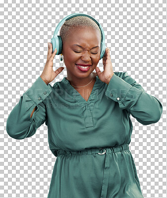 Music, headphones and happy black woman isolated on transparent png background with radio streaming. Dance, audio and sound, African girl with smile, energy and relax with freedom, technology and fun