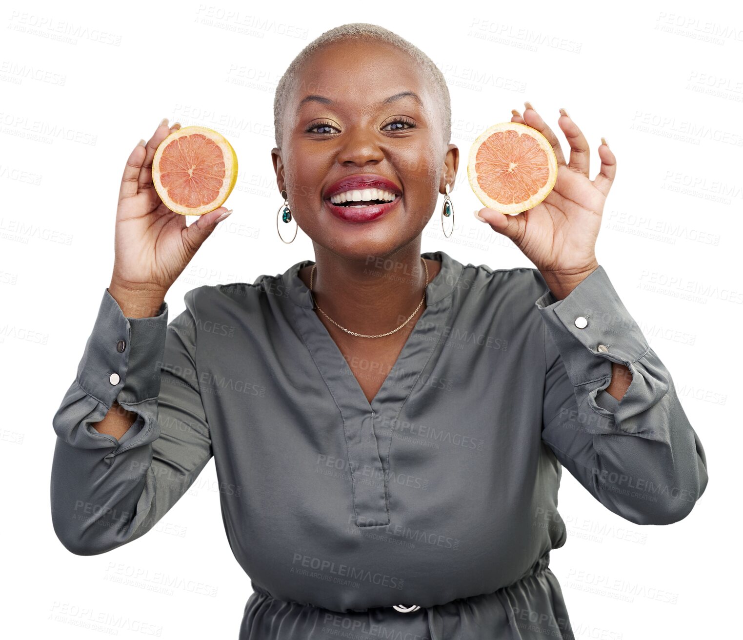 Buy stock photo Happy, health and portrait of black woman with grapefruit on isolated, png and transparent background. Nutrition, wellness and female person with fruit for vitamins, detox and lose weight for diet