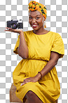 Portrait of black woman with smile, camera and isolated on transparent png background for holiday photography. Adventure, memory and art, happy African photographer on summer vacation photoshoot.