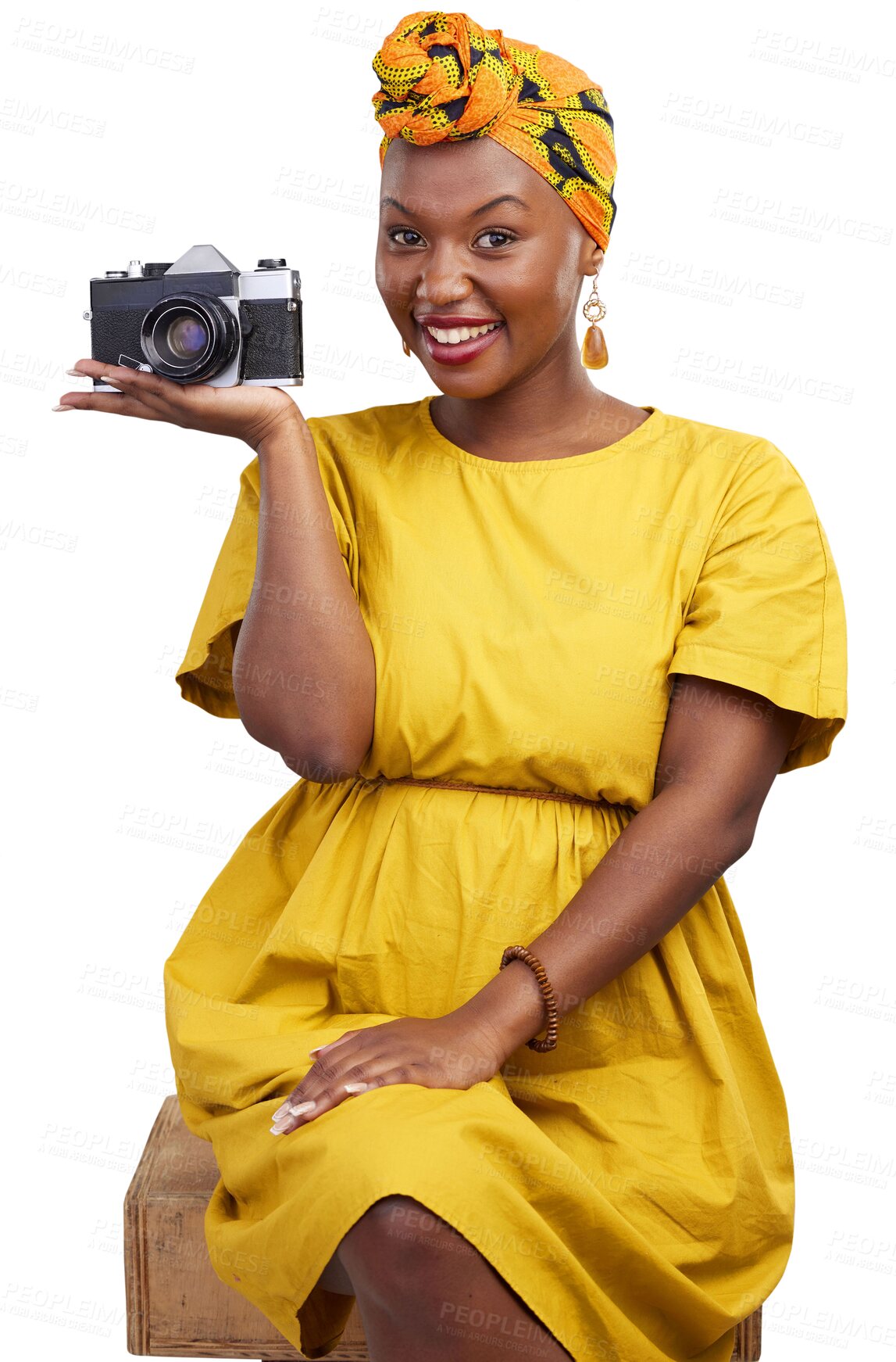 Buy stock photo Portrait of black woman with smile, camera and isolated on transparent png background for holiday photography. Adventure, memory and art, happy African photographer on summer vacation photoshoot.