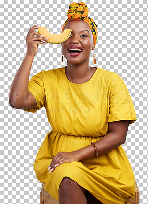 Buy stock photo Happy, health and portrait of black woman with melon slice on isolated, png and transparent background. Nutrition, wellness and female person with fruit for vitamins, detox and lose weight for diet