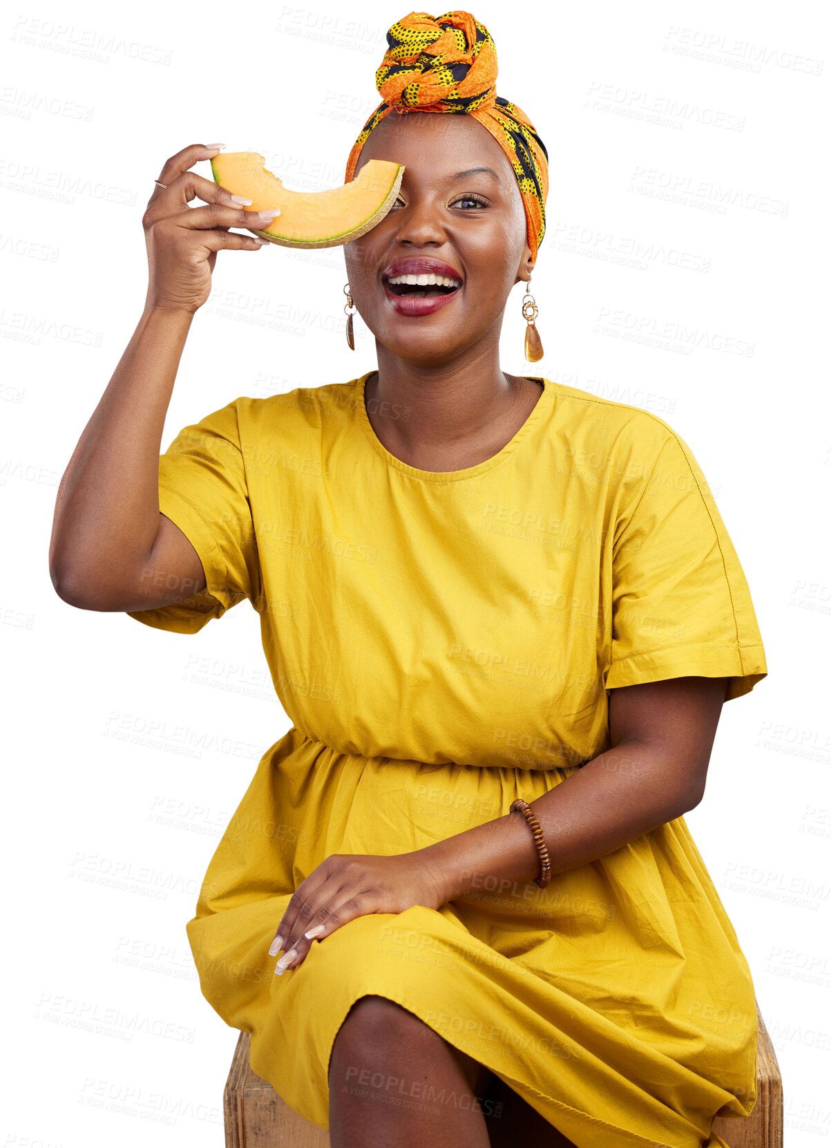 Buy stock photo Happy, health and portrait of black woman with melon slice on isolated, png and transparent background. Nutrition, wellness and female person with fruit for vitamins, detox and lose weight for diet