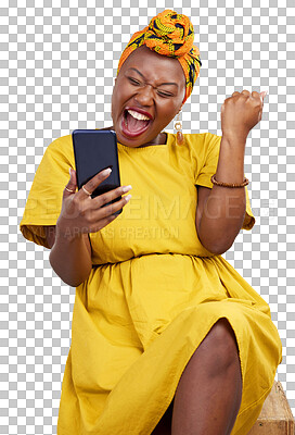 Phone, scream and happy black woman celebrate surprise news notification,  winner announcement or giveaway success. Cellphone deal, excited and  African woman celebration on transparent, png background