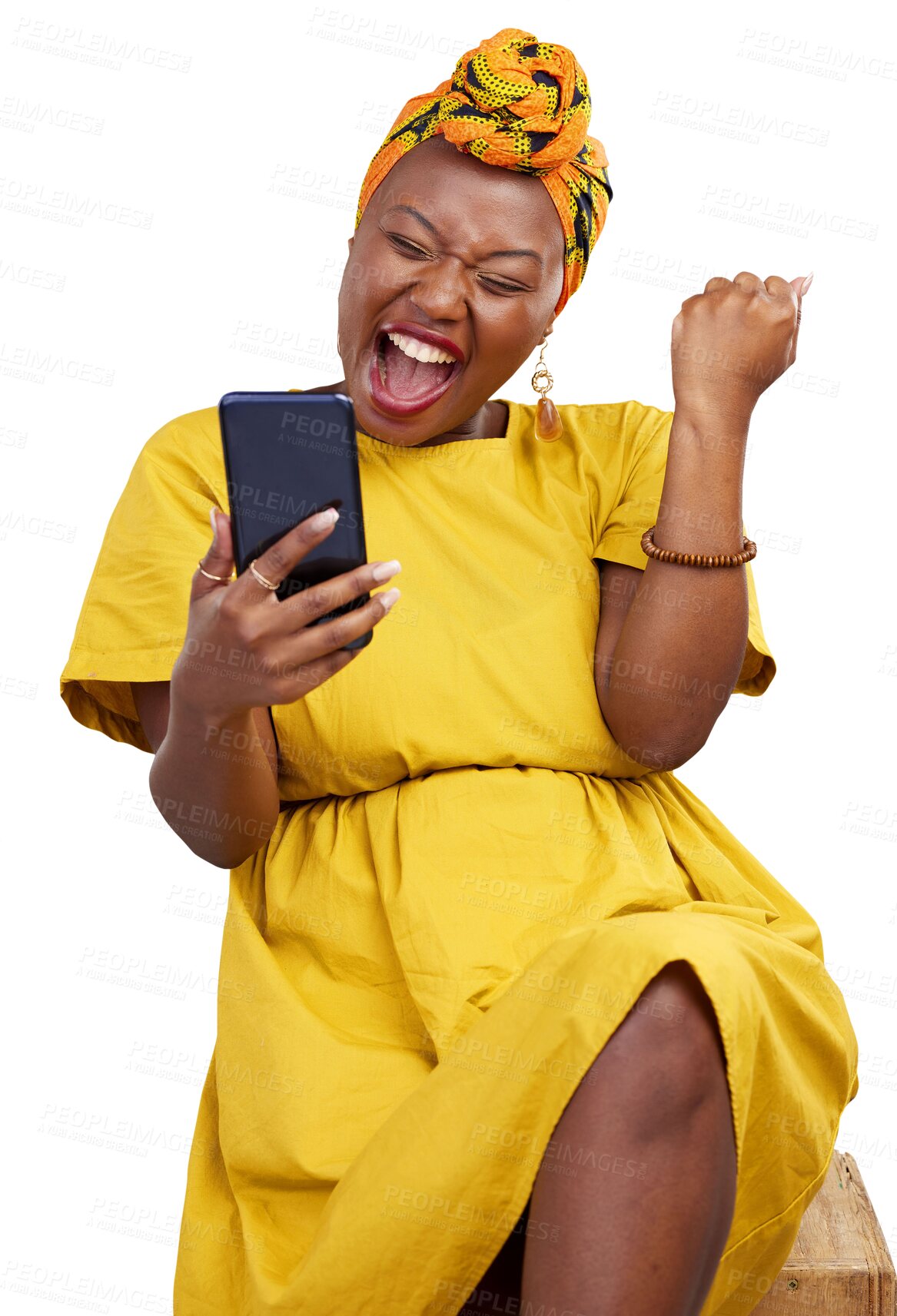 Buy stock photo Phone, scream and happy black woman celebrate surprise news notification, winner announcement or giveaway success. Cellphone deal, excited and African woman celebration on transparent, png background