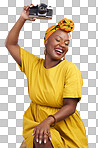 Excited black woman with smile, camera and isolated on transparent png background for holiday photography. Adventure, memory and art, happy photographer on summer vacation photoshoot in South Africa.