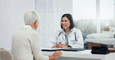 Healthcare, `talking and a doctor with a senior woman, shoulder pain problem and support in an office. Hospital, consulting and a female nurse speaking to an elderly patient about medical advice