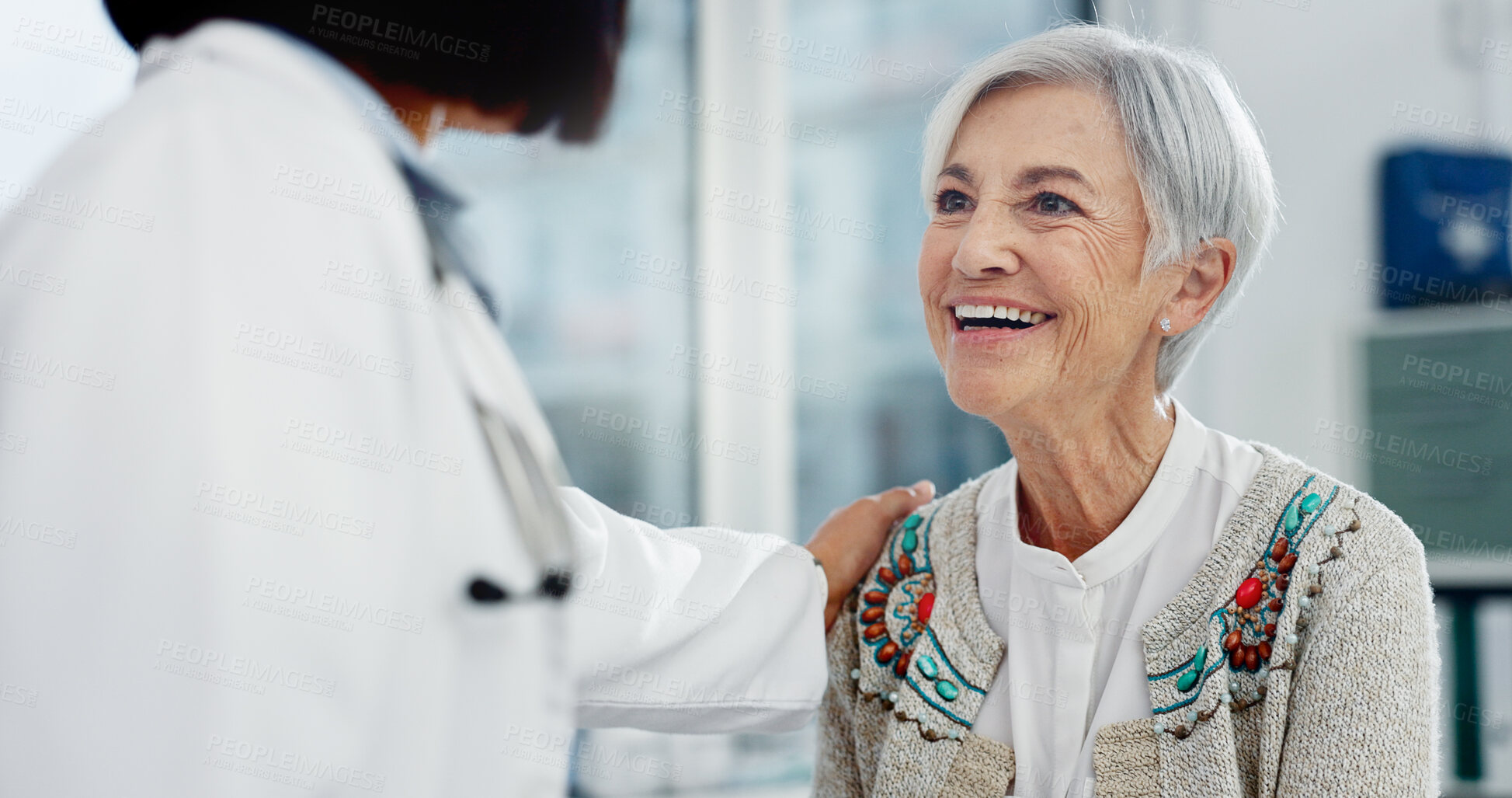 Buy stock photo Senior woman, doctor and good news with talking, results or report with support in clinic office. Medic, elderly patient and announcement for healthcare, information or happy for kindness in hospital