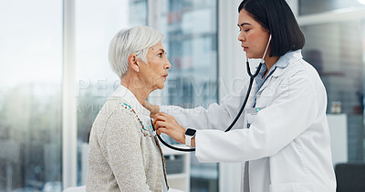 Doctor, stethoscope and senior woman for cardiology exam, healthcare service and healthcare support or check. Heart, listening and medical professional, people or elderly patient breathing in clinic