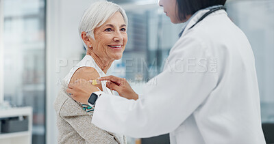 Medical, blood pressure or checkup with a doctor and patient in the hospital for a health appointment. Healthcare, insurance and consulting with a woman medicine professional and senior in a clinic