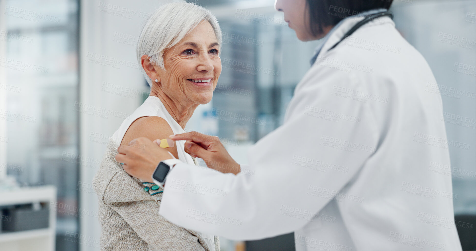 Buy stock photo Healthcare, doctor or plaster on senior patient arm for medicine treatment in hospital. Vaccine, safety care or surgeon nurse with medical aid kit, happy woman or elderly lady in clinic for wellness