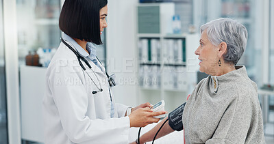 Senior woman, blood pressure and doctor for healthcare service, hospital office support and clinic monitor. Diabetes, hypertension test and elderly patient with medical professional advice or helping
