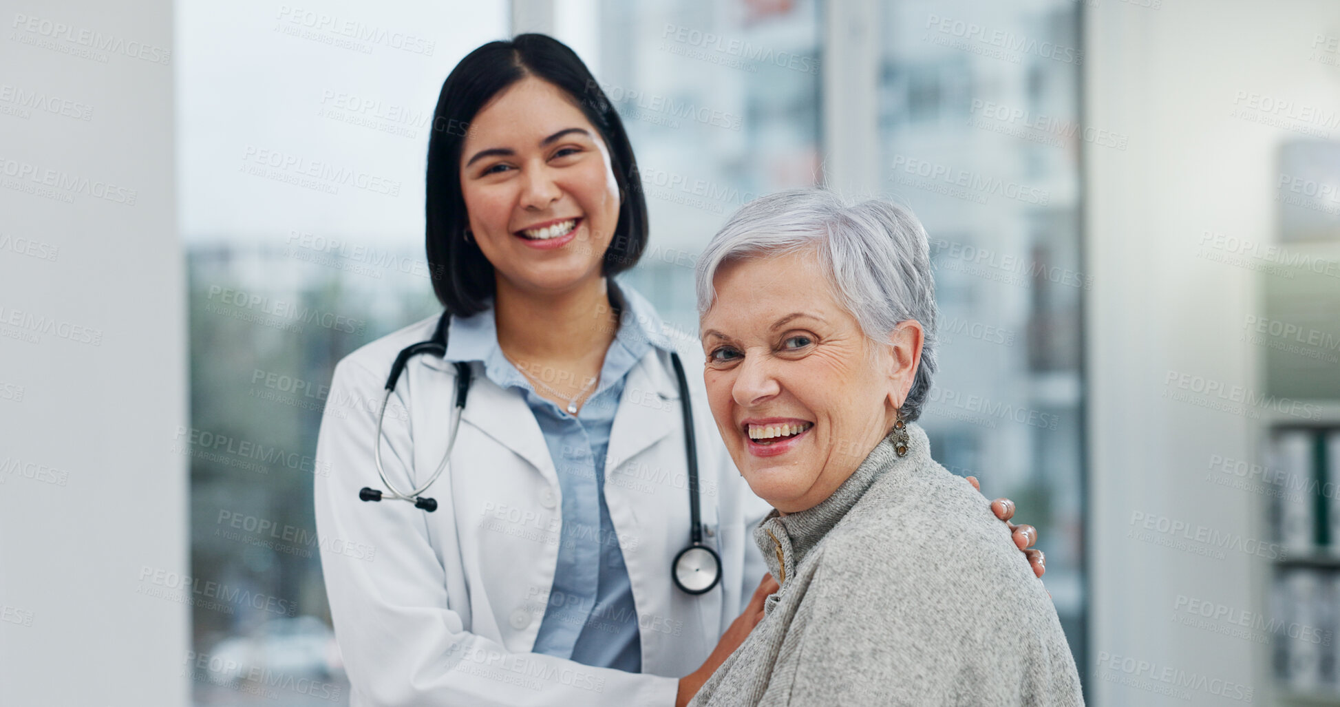 Buy stock photo Doctor, senior woman and healthcare portrait for consultation, hospital services and happy mindset or career. Face of medical professional with elderly patient for checkup, helping or health support