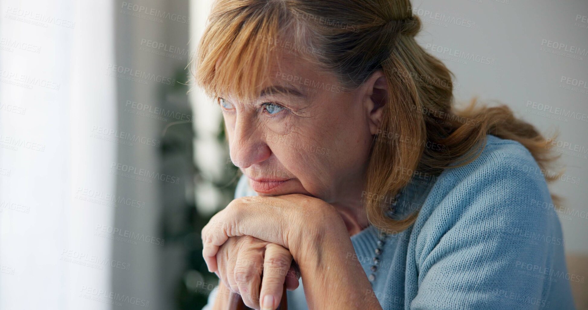 Buy stock photo Depression, sad and senior woman at home with mourning and memory with mental health problem. Elderly female person, sorry and anxiety in a house disappointed in retirement with grief and fail