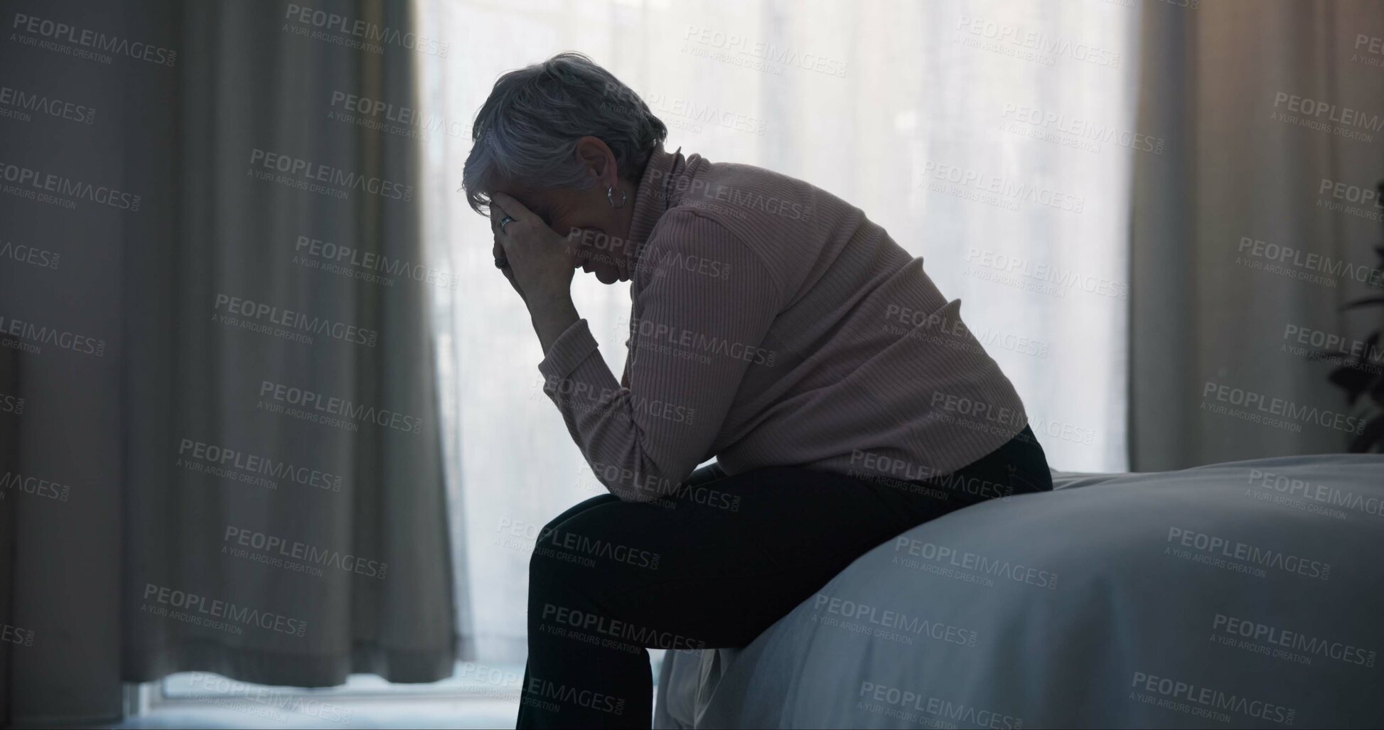 Buy stock photo Stress, depression and sad old woman in bedroom with anxiety, mental health problem and debt in retirement. Lonely senior female person crying at home for headache, pain and fatigue of crisis in mind