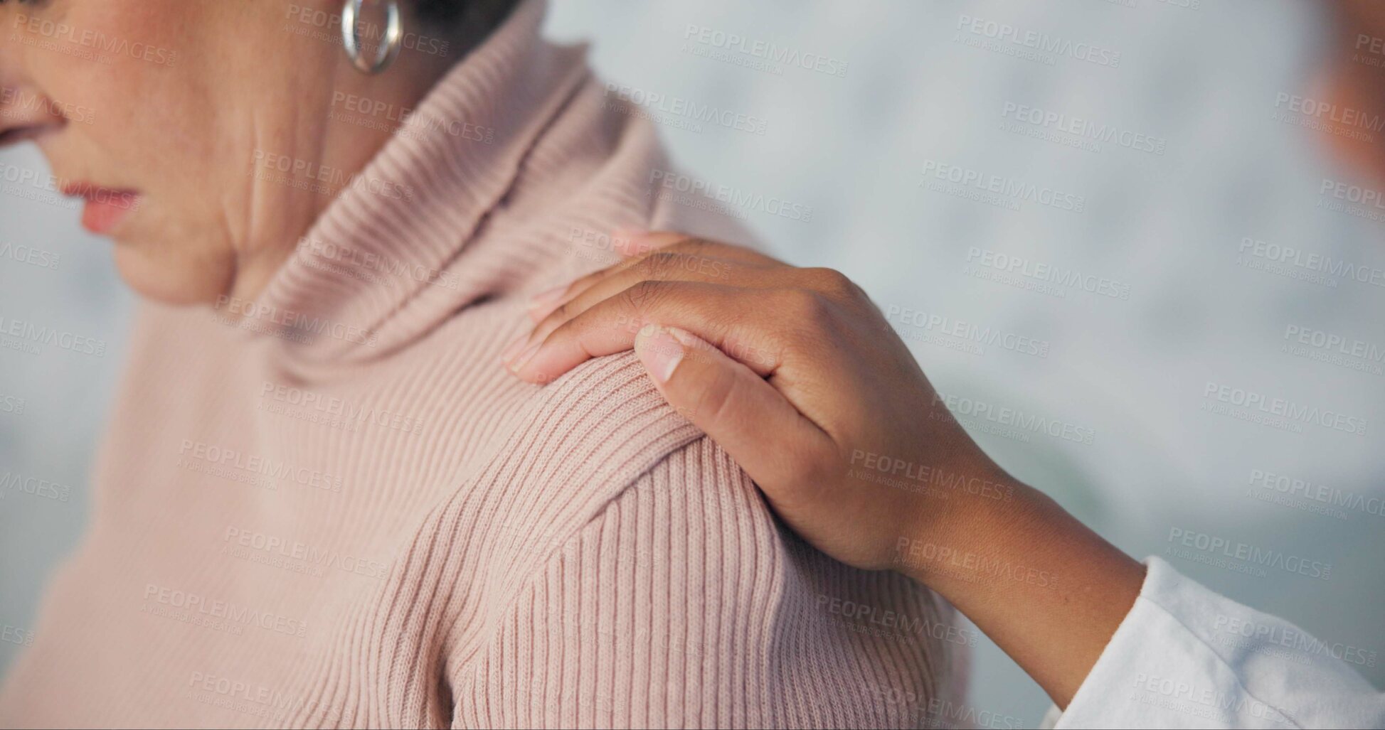 Buy stock photo Sympathy, consoling and closeup of caregiver with woman after cancer diagnosis in retirement home. Healthcare, consultation and zoom of elderly female patient with hand of doctor at checkup in room.