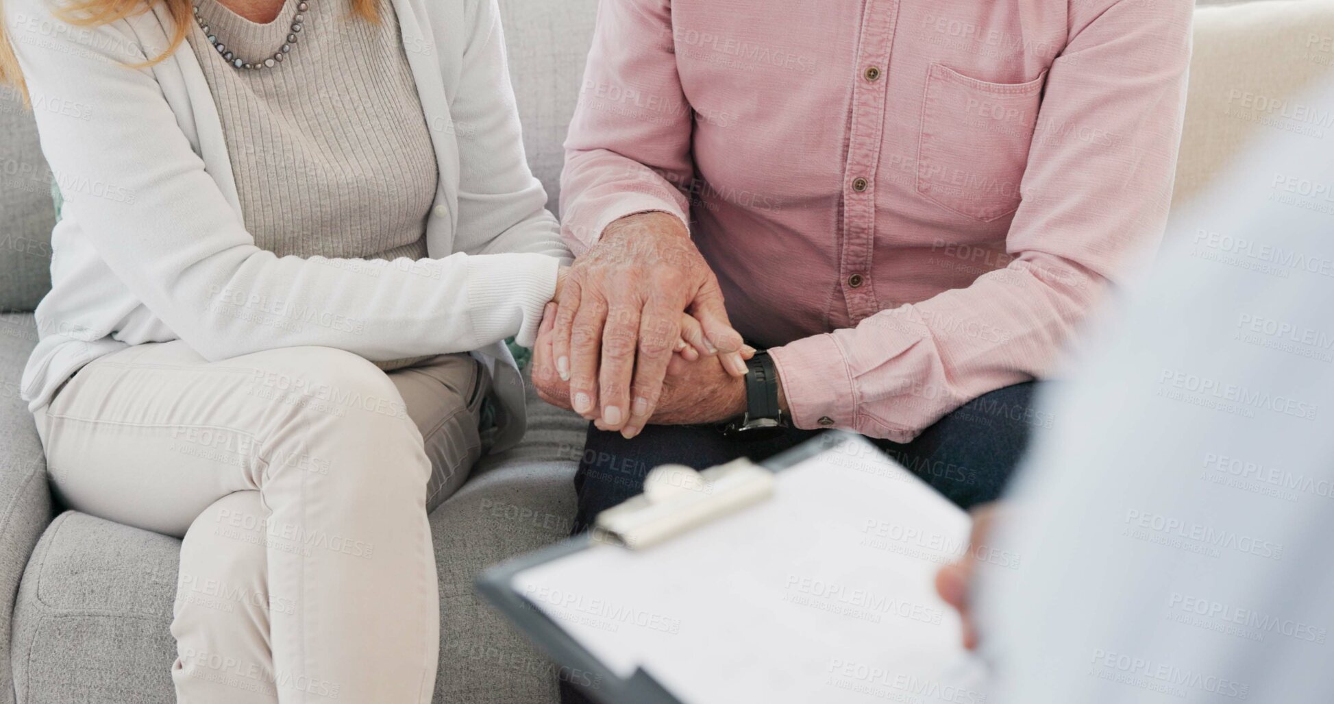 Buy stock photo Holding hands, support and senior couple with therapist for counseling, help and support for difficult, crisis or cancer diagnosis. Therapy, depression and old people consulting mental health expert