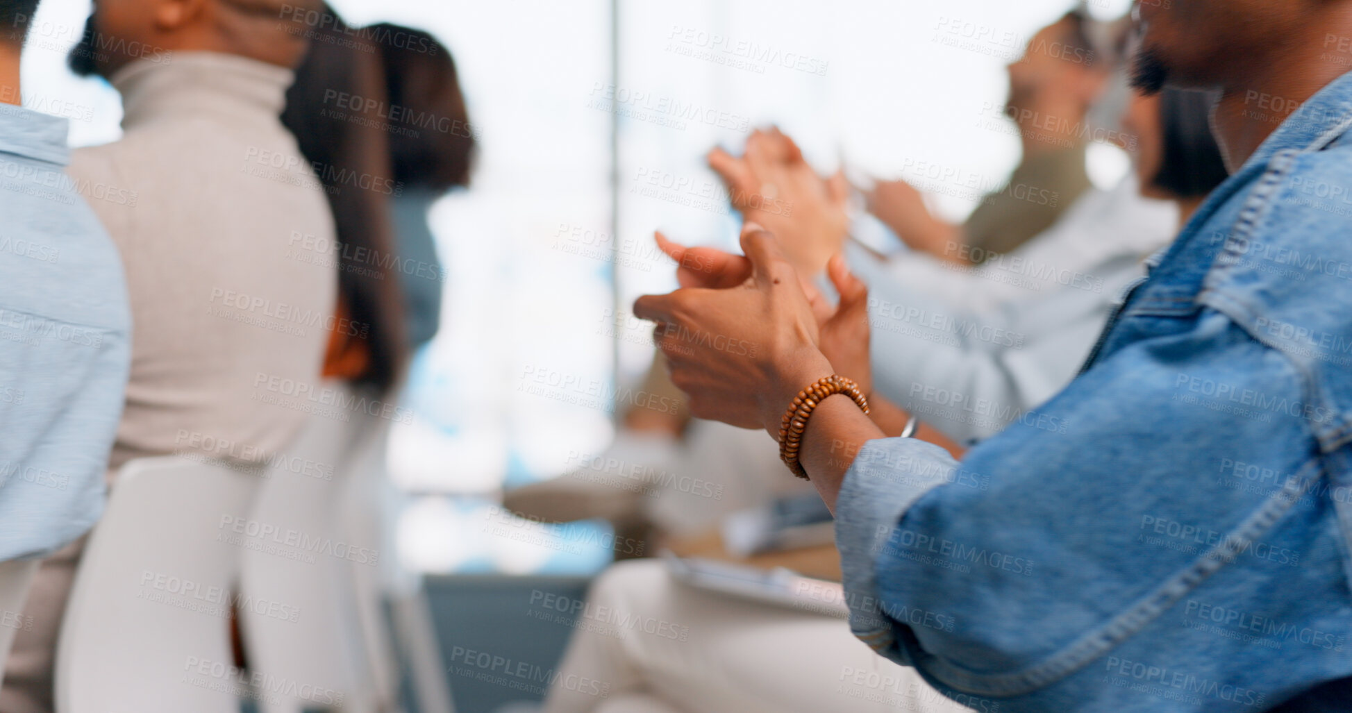 Buy stock photo Hands clapping, success or people in audience for meeting conference, business workshop or seminar, Applause closeup, celebration or support of crowd of employees in office with target goals or bonus