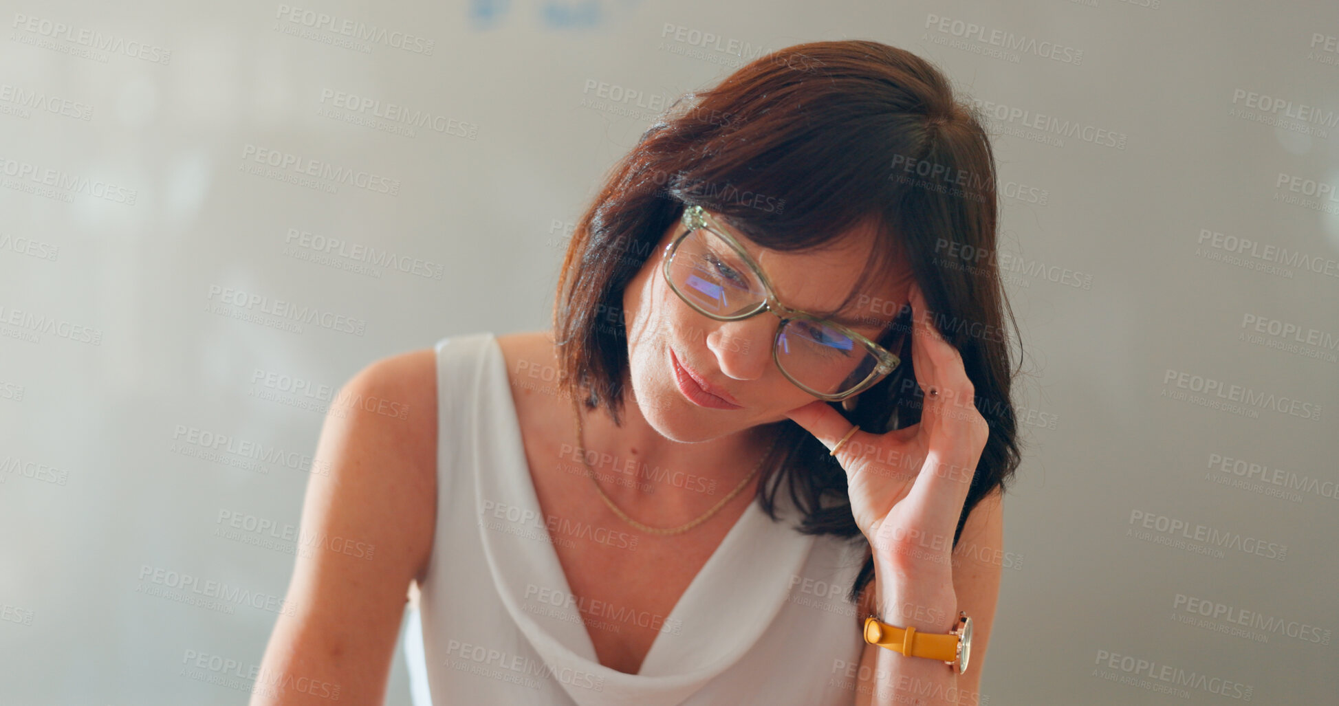 Buy stock photo Burnout, headache and a business woman in the office for an audit while thinking about tax or compliance. Stress, pain or pressure with a frustrated young employee in the workplace for a deadline