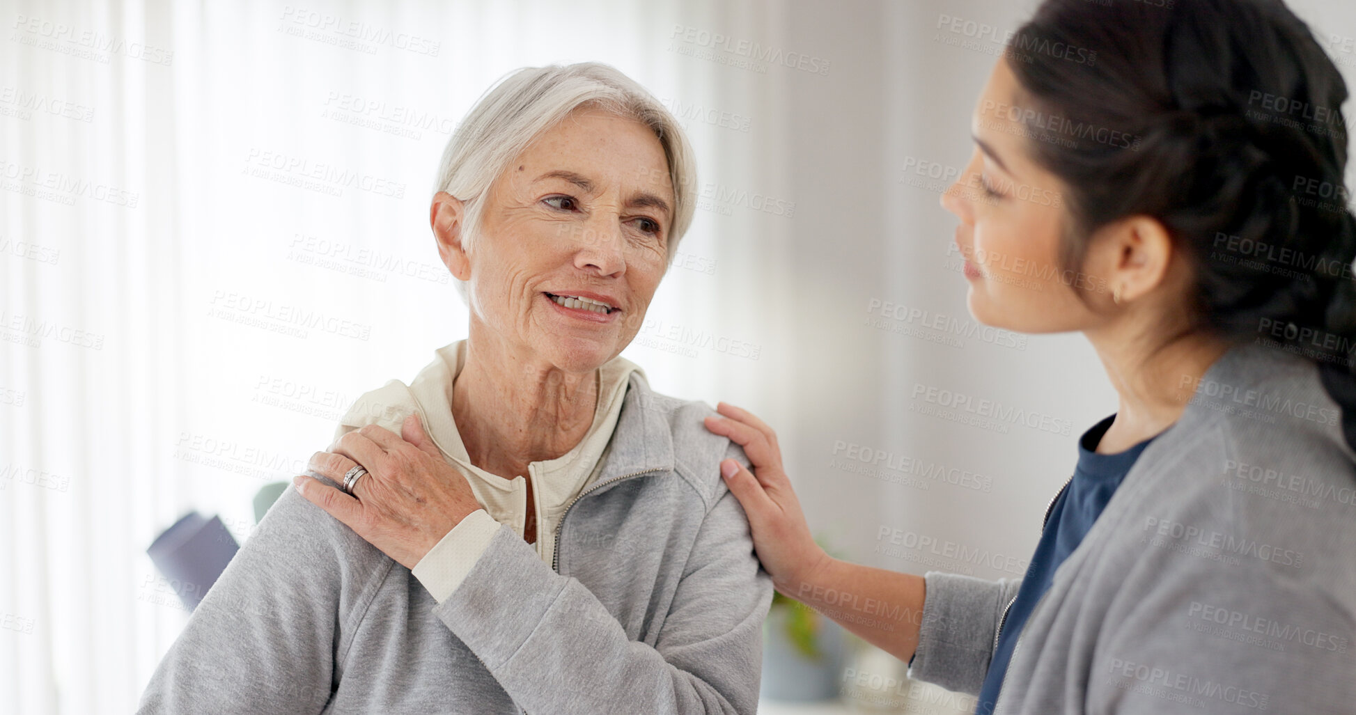 Buy stock photo Consultation, shoulder pain and elderly woman with nurse in medical clinic or rehabilitation center for physical therapy. Healthcare, wellness and senior patient talking to physiotherapist at checkup