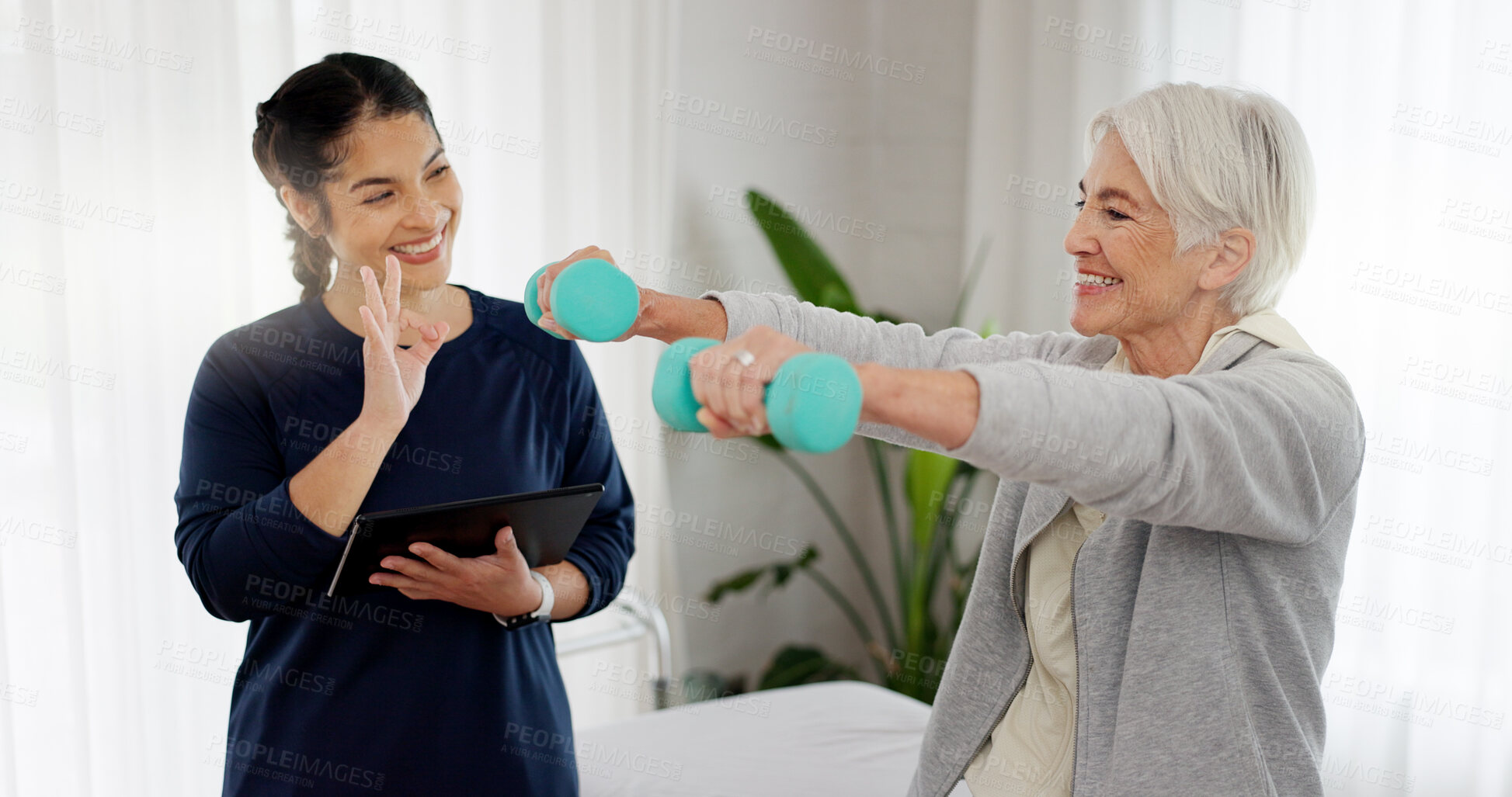 Buy stock photo Senior patient, dumbbell and ok in physiotherapy for healthcare assessment, rehabilitation progress and happy results. Physiotherapist, tablet and good feedback, support or sign to woman for exercise