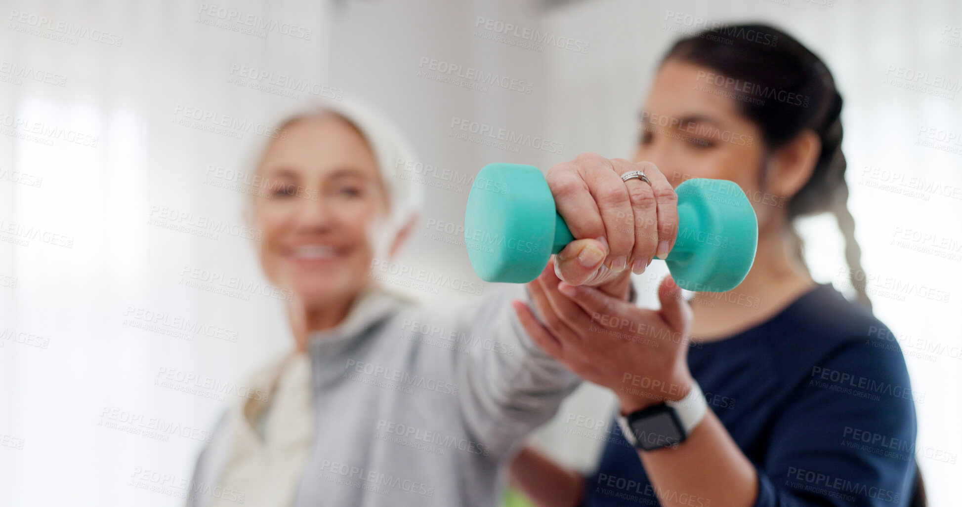 Buy stock photo Woman, physiotherapy or hands with dumbbell for medical consulting, muscle rehabilitation or healing. Physiotherapist, healthcare assessment and closeup of weights for exercise, support or stretching