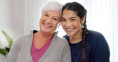 Happy, portrait of mom and grandmother in home with a smile for family, quality time or relax on mothers day in house. Senior woman, grandma and girl talking together with happiness and love