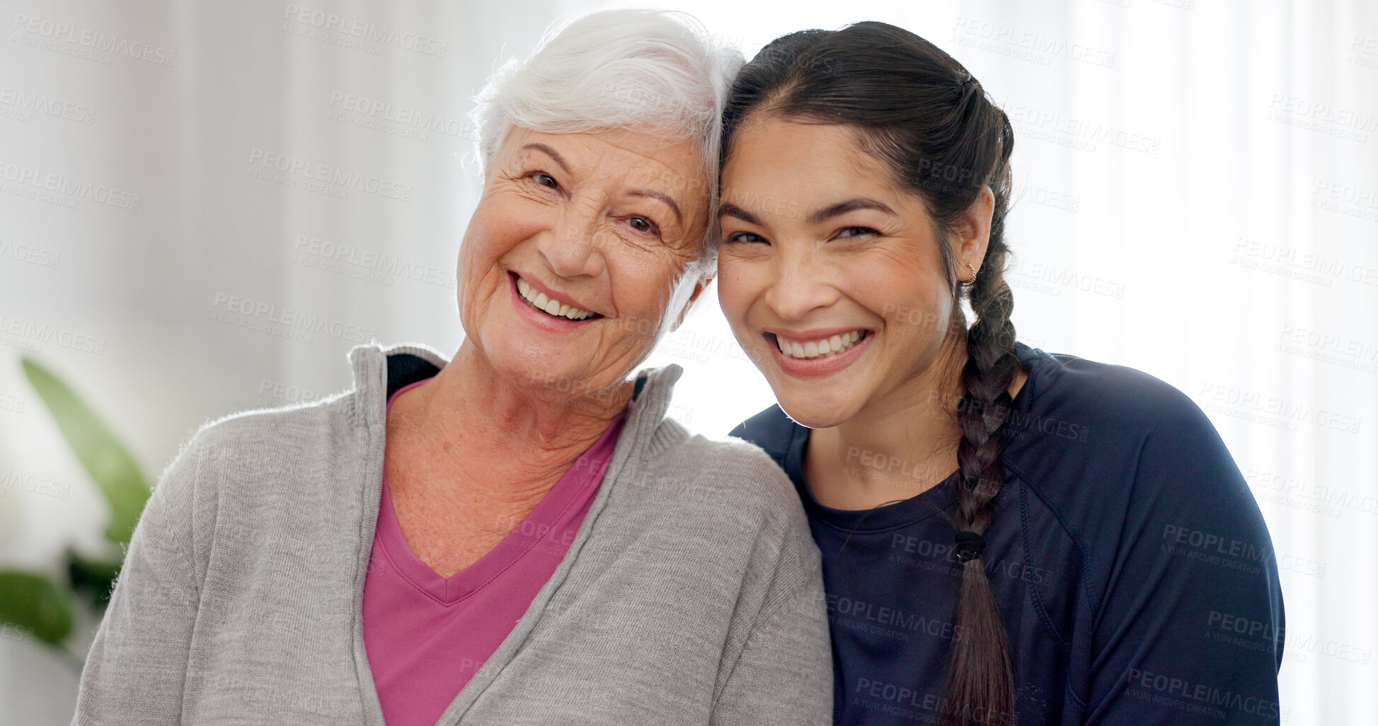 Buy stock photo Portrait, smile and a woman with her senior mother in the home together for a retirement visit. Family, love and an elderly parent with her happy young daughter in a house to relax while bonding