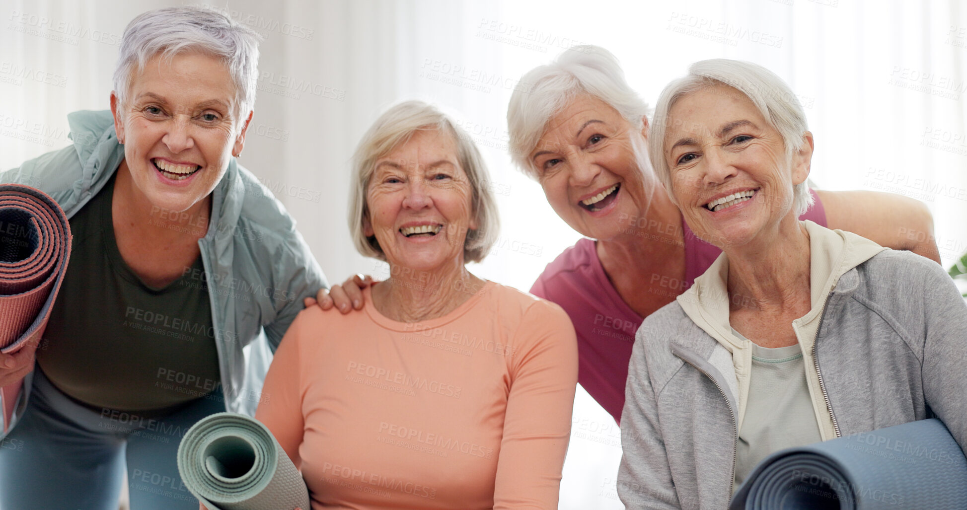 Buy stock photo Senior, woman and yoga group portrait for smile, exercise or together. Old female people, workout mat or retirement fun for mobility care or sportswear or balance training, healthy stretching in home