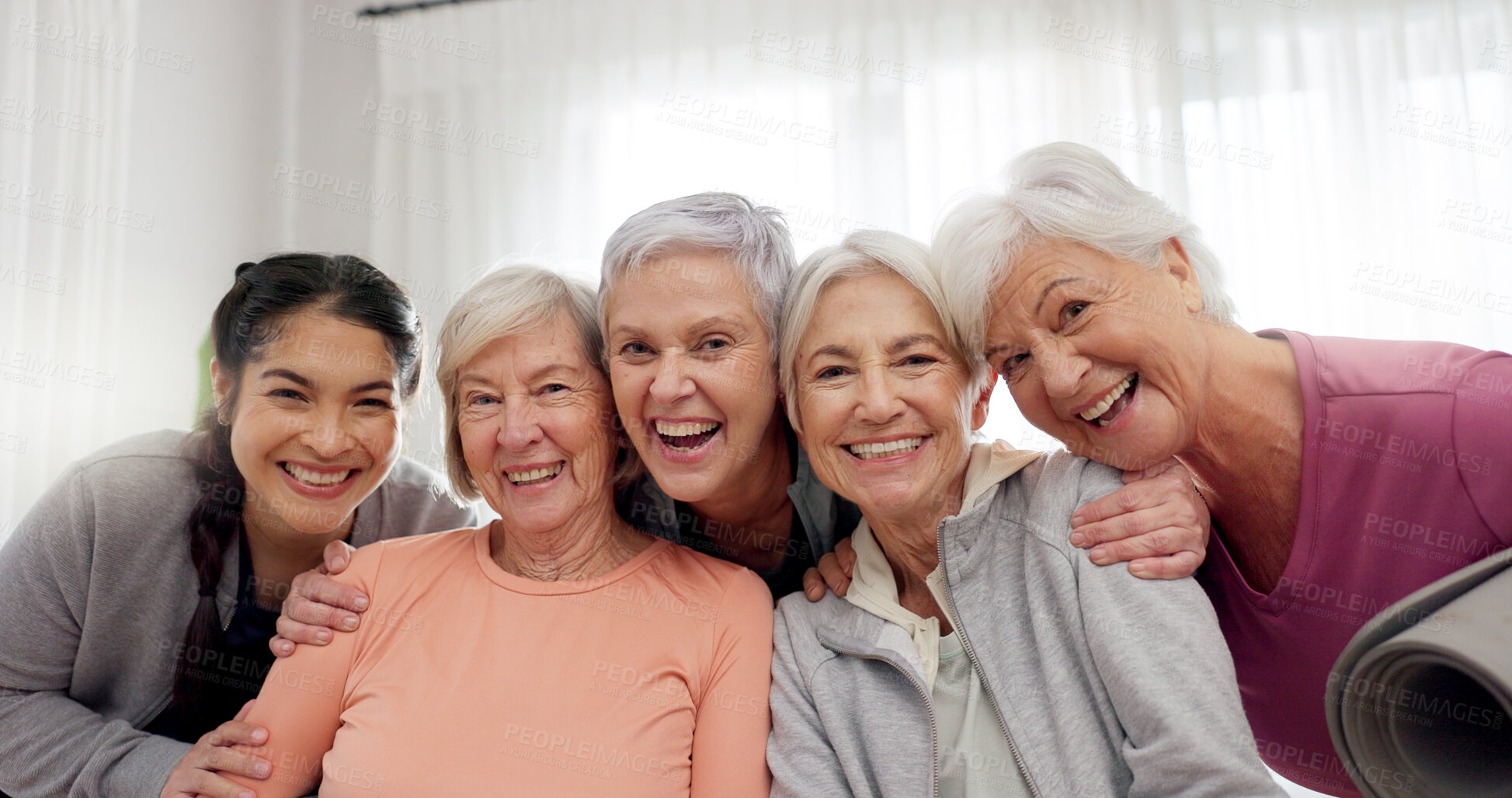 Buy stock photo Elderly, women and yoga group portrait for memory together, healthy balance or mobility. Senior people, friendship or fitness instructor for smile retirement, sportswear or stretching class in home