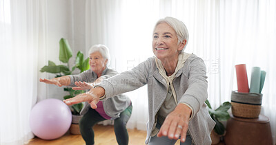 Fitness, yoga and senior woman friends in a home studio to workout for health, wellness or balance. Exercise, zen and chakra with elderly people training for mindfulness together while breathing