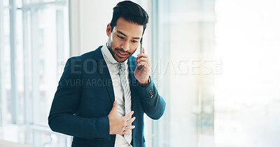Phone call, talking and business man in office for planning, discussion and communication. Corporate worker, technology and happy male person speaking on laptop for contact, network and conversation