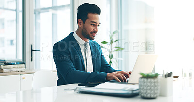 Business man, suit and typing on laptop for network update, corporate insight and review in law firm. Closeup of lawyer, attorney and working on computer for legal research, planning admin and email