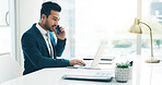 Phone call, laptop and business man in office for planning, discussion and communication. Corporate worker, technology and male person speaking on computer for contact, network and conversation