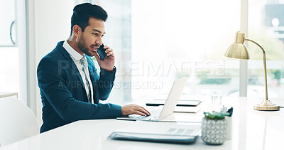 Phone call, laptop and business man in office for planning, discussion and communication. Corporate worker, technology and male person speaking on computer for contact, network and conversation