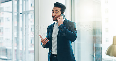 Business, asian man and phone call communication in office for feedback, negotiation and trading on mobile. Broker, corporate agent and talking on smartphone for contact, consulting and conversation