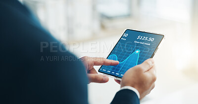 Hands, tablet and stock market trader for cryptocurrency price, graphs and data on fintech software. Closeup of business man, digital screen and financial trading, investment or infographic of stocks