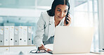 Phone call, laptop and business Indian woman in office for planning, discussion and communication. Corporate worker, email and female person talking on computer for contact, network and conversation