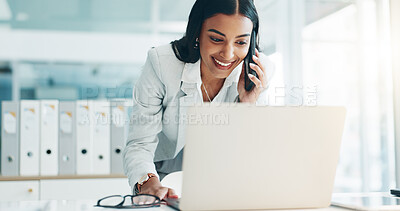 Phone call, laptop and business Indian woman in office for planning, discussion and communication. Corporate worker, email and female person talking on computer for contact, network and conversation